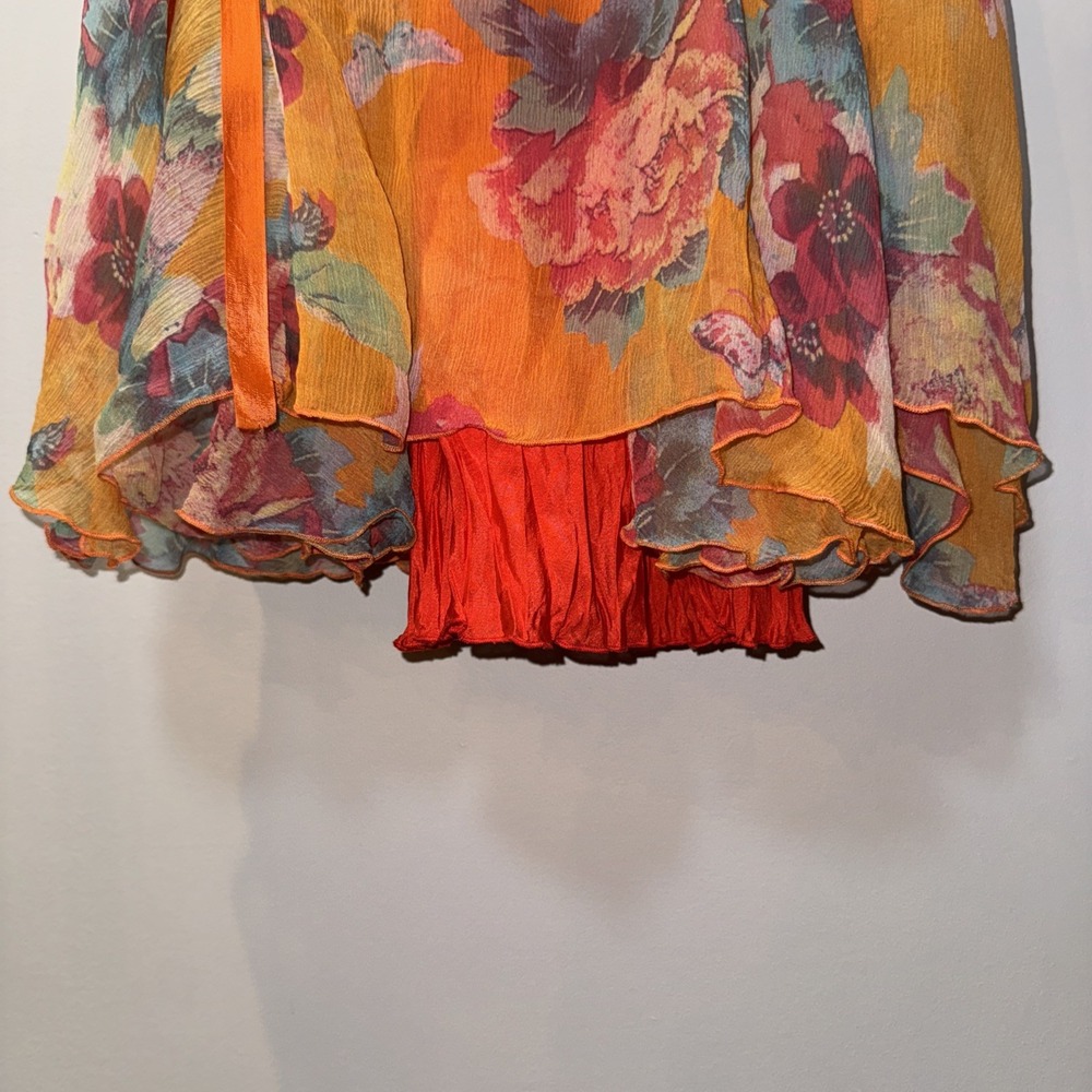 JOHNNY WAS 100% Silk Maxi Dress Sz S Orange Floral Tiered Lined Boho Ribbon Slip - Picture 15 of 16